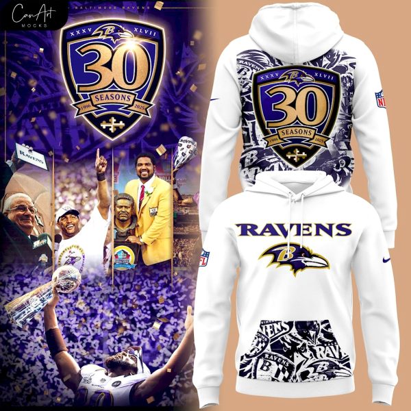 Baltimore Ravens 30st Seasons 1996-2025 White Hoodie