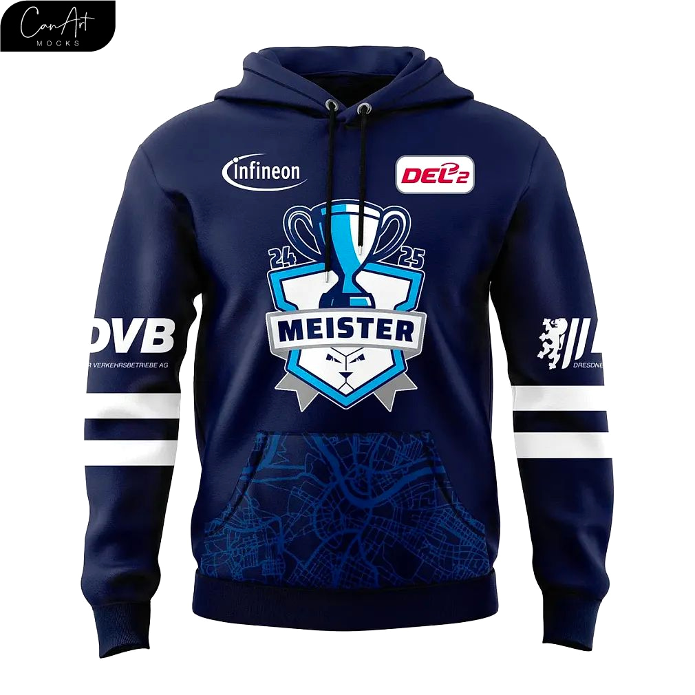 Dresdner Eislöwen Meister 2025 Champions Navy Hoodie Dresdner Eislöwen Meister 2025 Champions Navy Hoodie